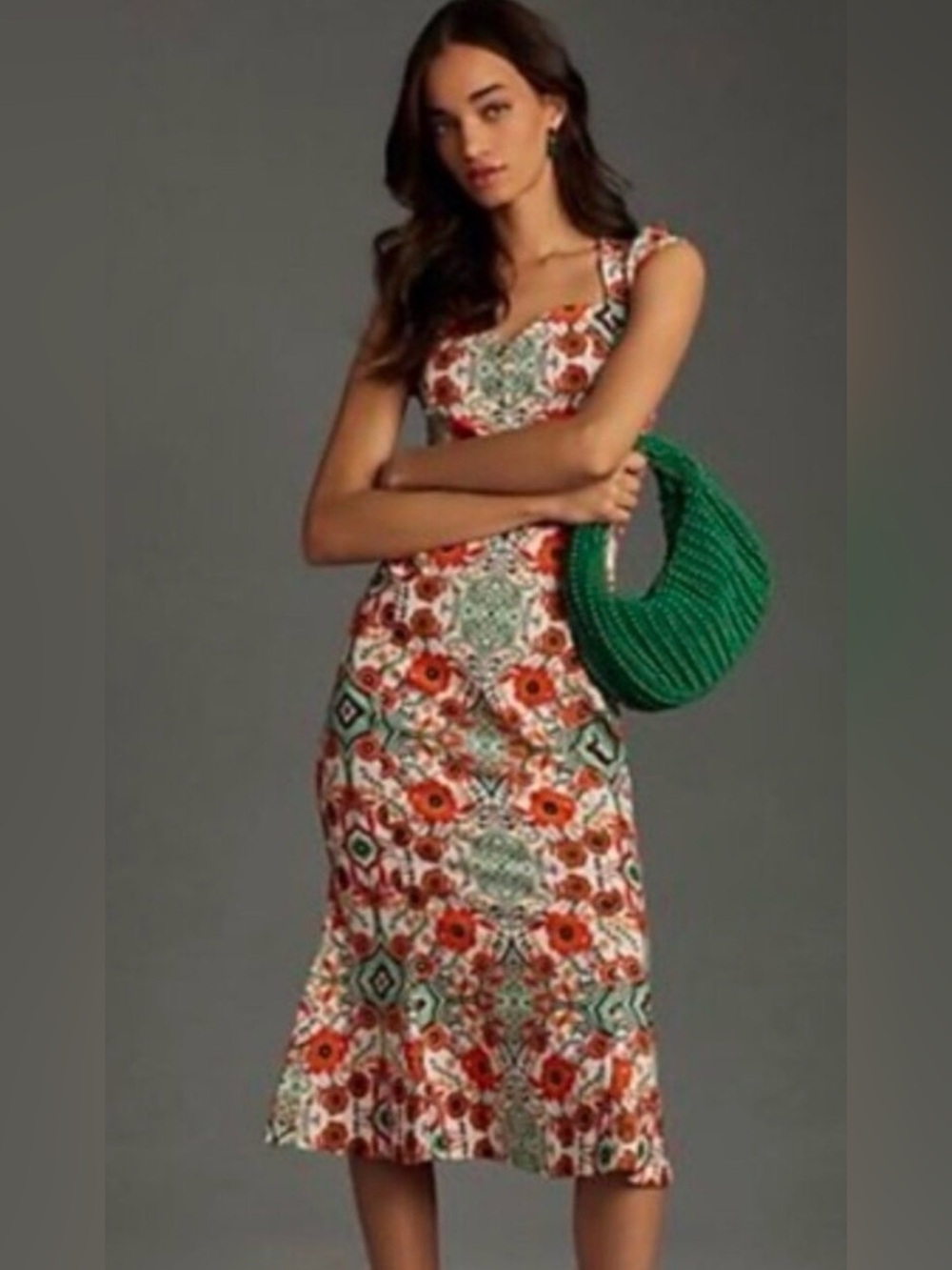 Anthropologie-The Cecily Fit and Flare Sweetheart Dress in Orange Motif size S